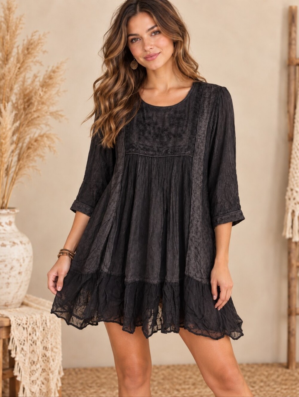 547.Bohemian Black Embroidered Lace-Trim Tunic Dress
